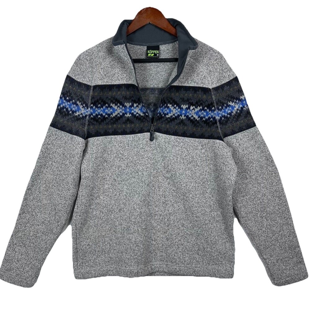 Koppen Pullover 1/4 Zip Sweater Fleece Men M Fair Isle Nordic Gray Blue GORP